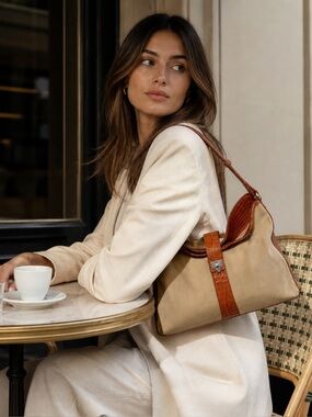 Croc-Trim Tan Suede Shoulder Satchel